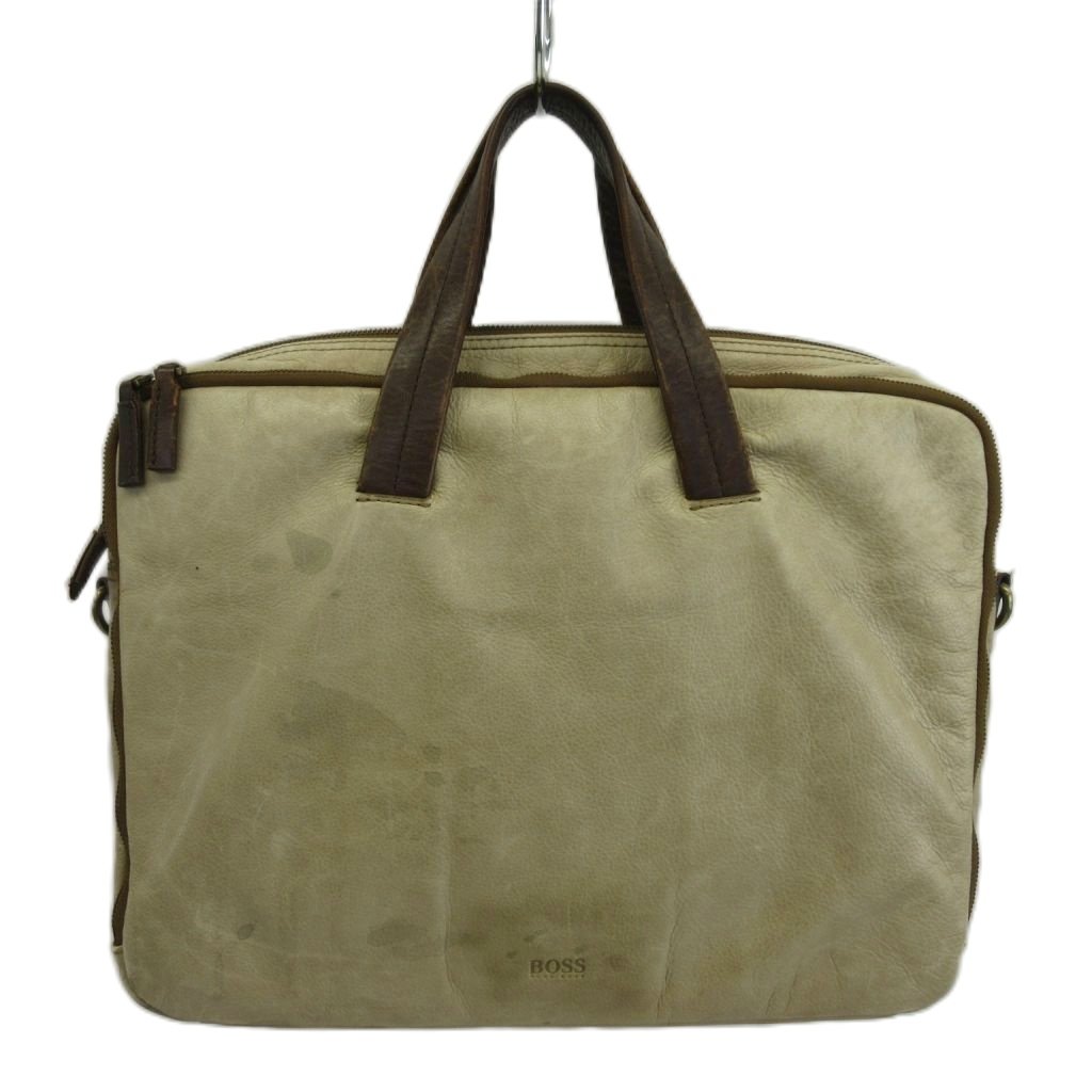 【中古】ヒューゴボス HUGO BOSS ビジネスバッグ ブリーフケース ショルダー 2WAY レザー ロゴ 型押し ベージュ 茶色 ブラウン /XZ ■GY18 メンズ 【ベクトル 古着】 260422
