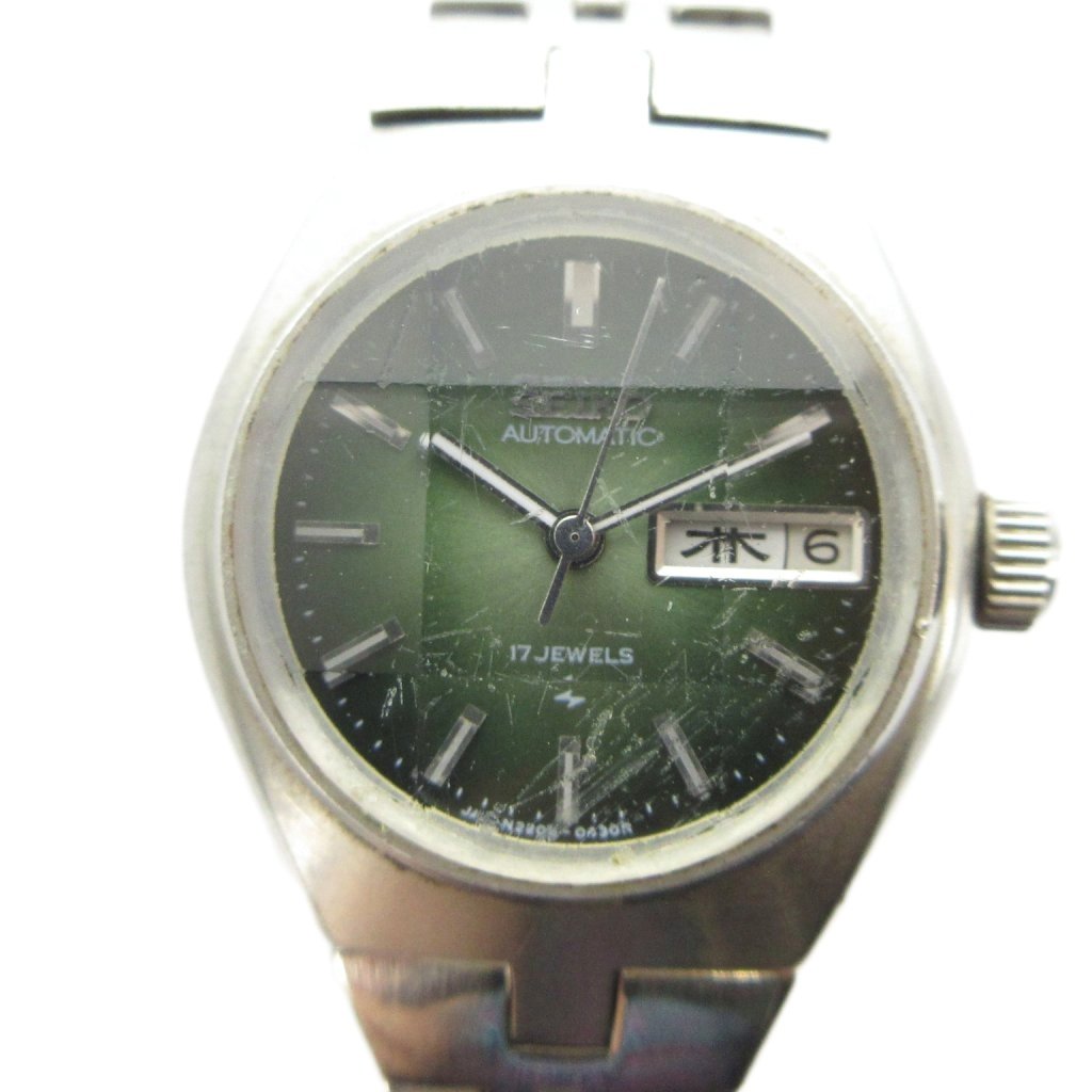 C, D, T, R, W - 【中古】セイコー SEIKO 2206-0240 腕時計 ウォッチ 自動巻き カットガラス カレンダー付き 緑文字盤 シルバー色 ■GY18 /MQ レディース 【ベクトル 古着】 260502