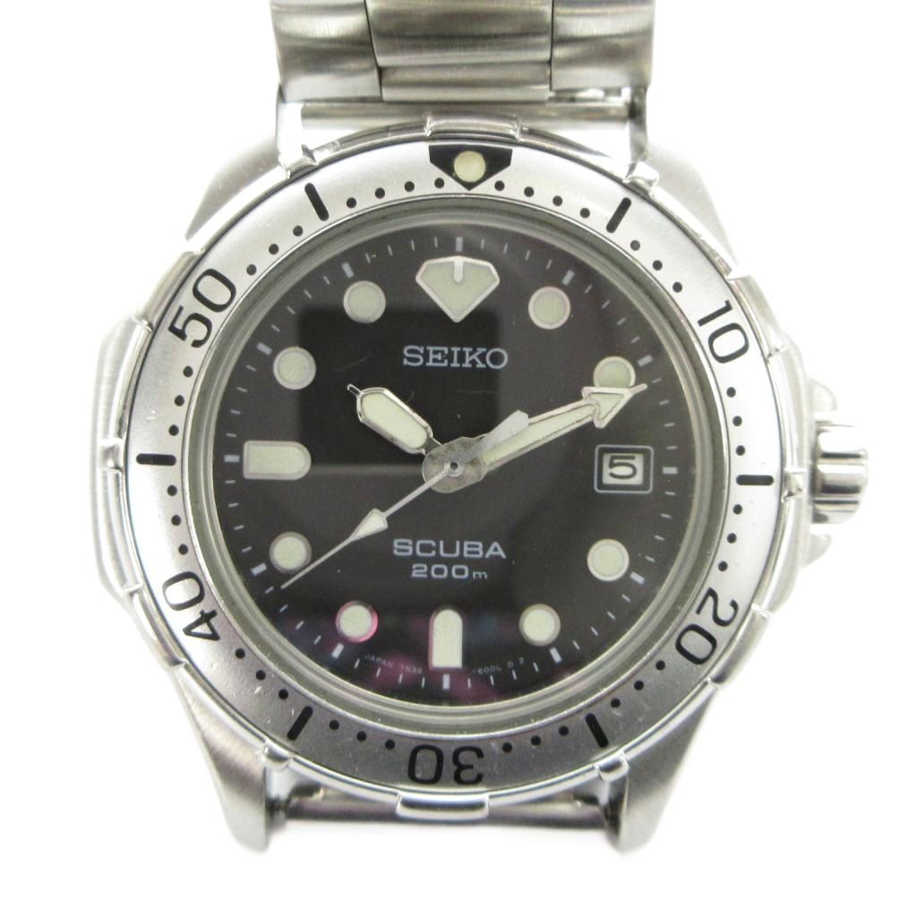 【中古】セイコー SEIKO ジャンク品 7N35-6000 SCUBA 腕時計 クォーツ ウォッチ カレンダー付き デイト 黒文字盤 シルバー色 ■GY11 /MQ メンズ 【ベクトル 古着】 260502
