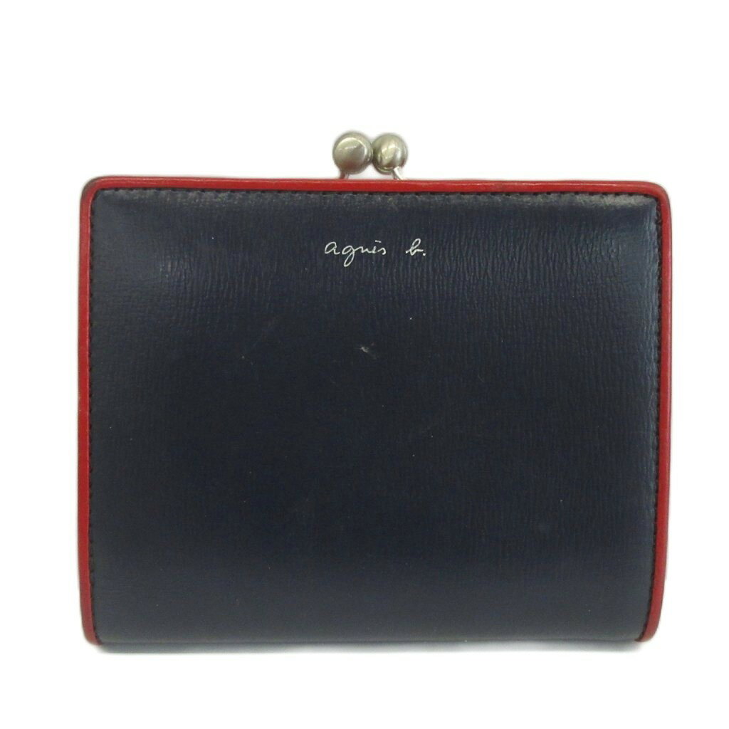 【中古】アニエスベー agnes b. 財布 二つ折り がま口 レザー ロゴ 紺 ネイビー 赤 レッド /XZ ■GY99 レディース 【ベクトル 古着】 260506