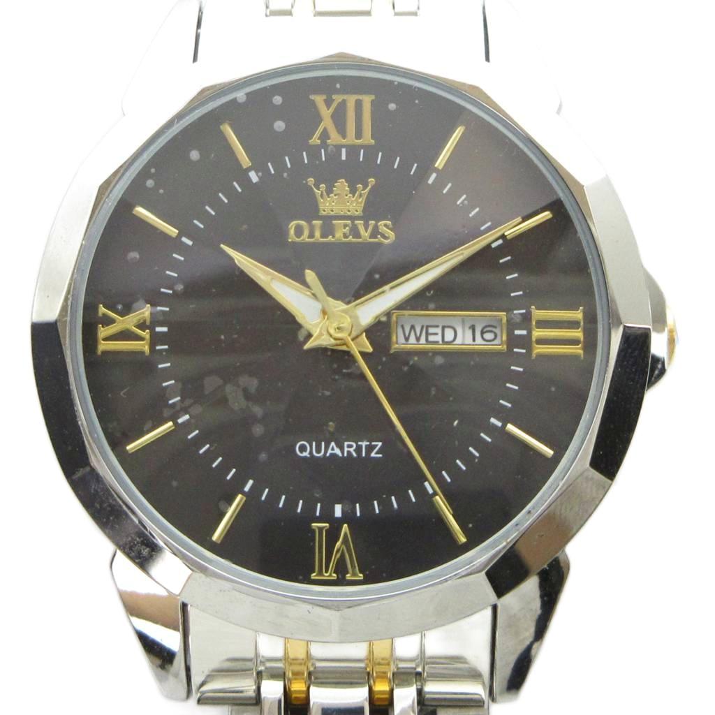 Other - 【中古】OLEVS ジャンク品 腕時計 ウォッチ クォーツ カットガラス 黒文字盤 カレンダー付き シルバー色 ■GY35 /MQ メンズ 【ベクトル 古着】 260507
