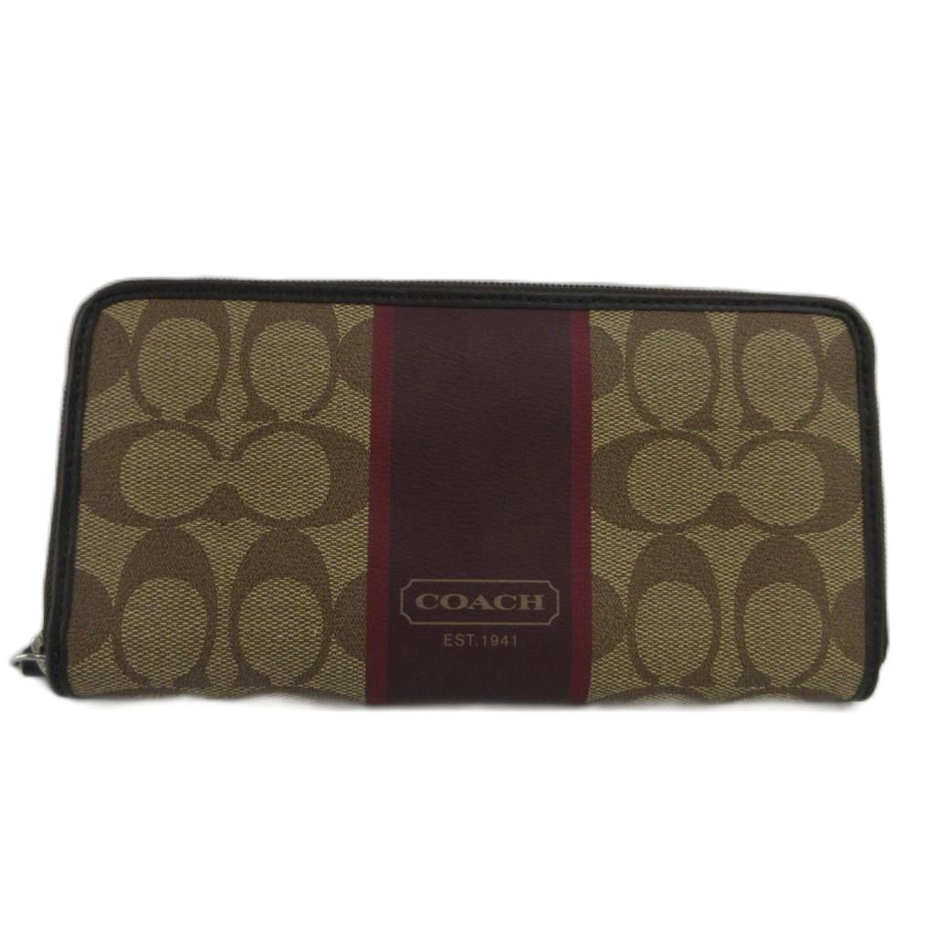 【中古】コーチ COACH 長財布 PVC レザー ラウンドファスナー シグネチャー ストライプ ロゴ ベージュ ボルドー /XZ ■GY11 レディース 【ベクトル 古着】 260518