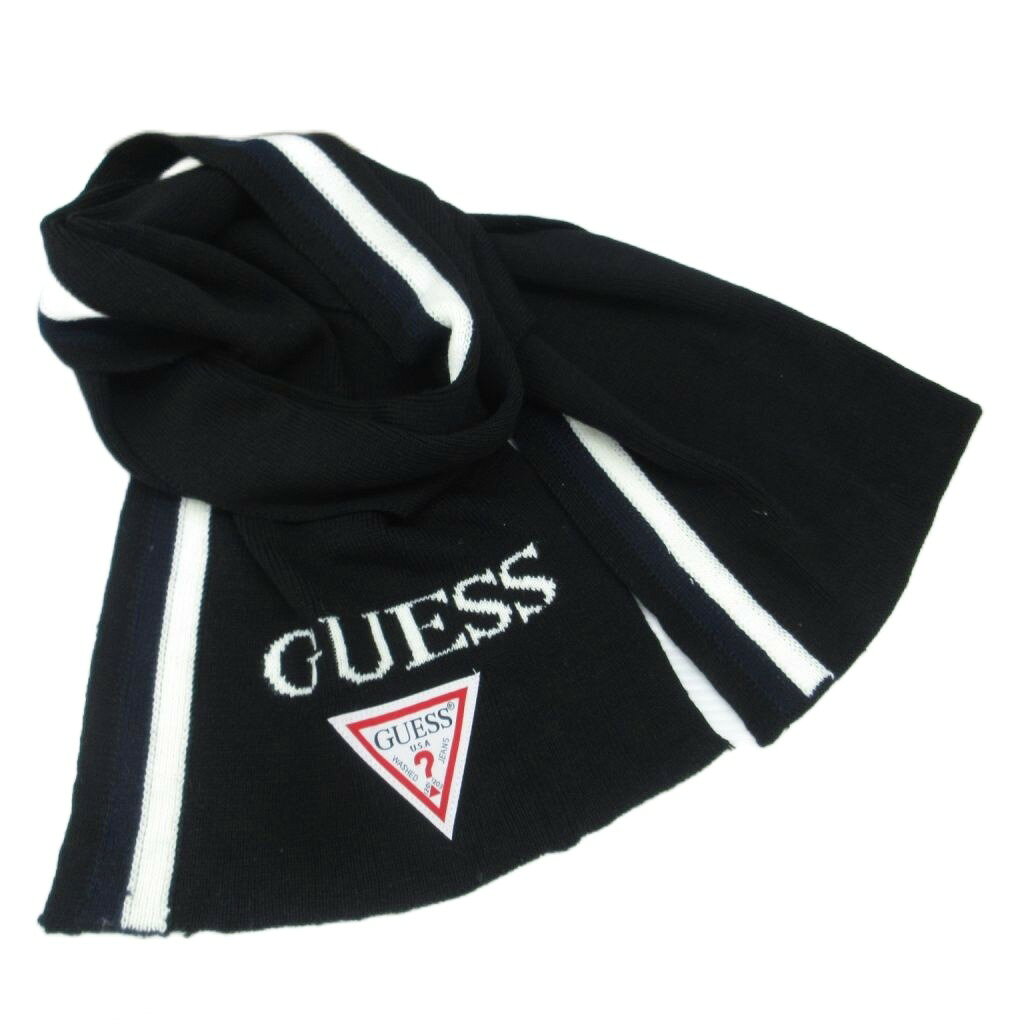 【中古】未使用品 ゲス GUESS ニットマフラー 黒 ブラック ロゴ入り ストライプ柄 ...