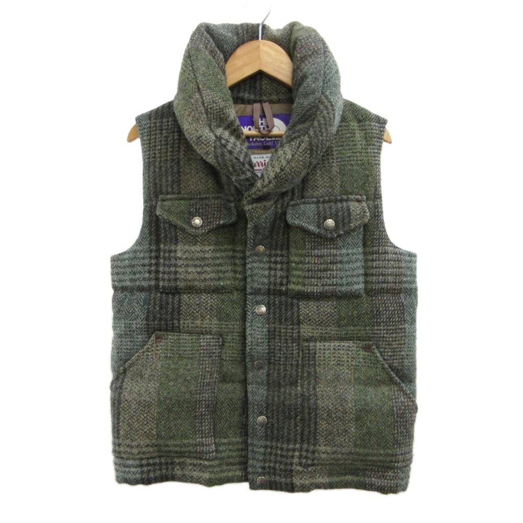 【中古】ノースフェイス パープルレーベル THE NORTH FACE PURPLE LABEL ×ハリスツイード ダウンベスト ウール XS カーキ チェック柄 ショールカラー ノースリーブ NDW2969N /PP メンズ 【ベクトル 古着】 260603