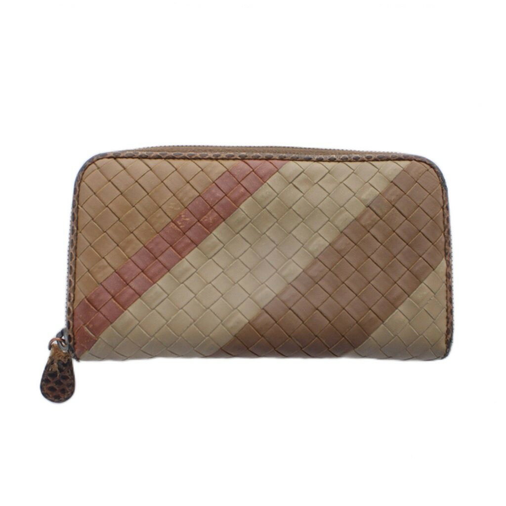 【中古】ボッテガヴェネタ BOTTEGA VENETA イントレチャート ラウンドファスナー 長財布 メッシュ 編み込み レザー 本革 茶 ブラウン ベージュ /RI ■OS ■GY18 メンズ 【ベクトル 古着】 260604
