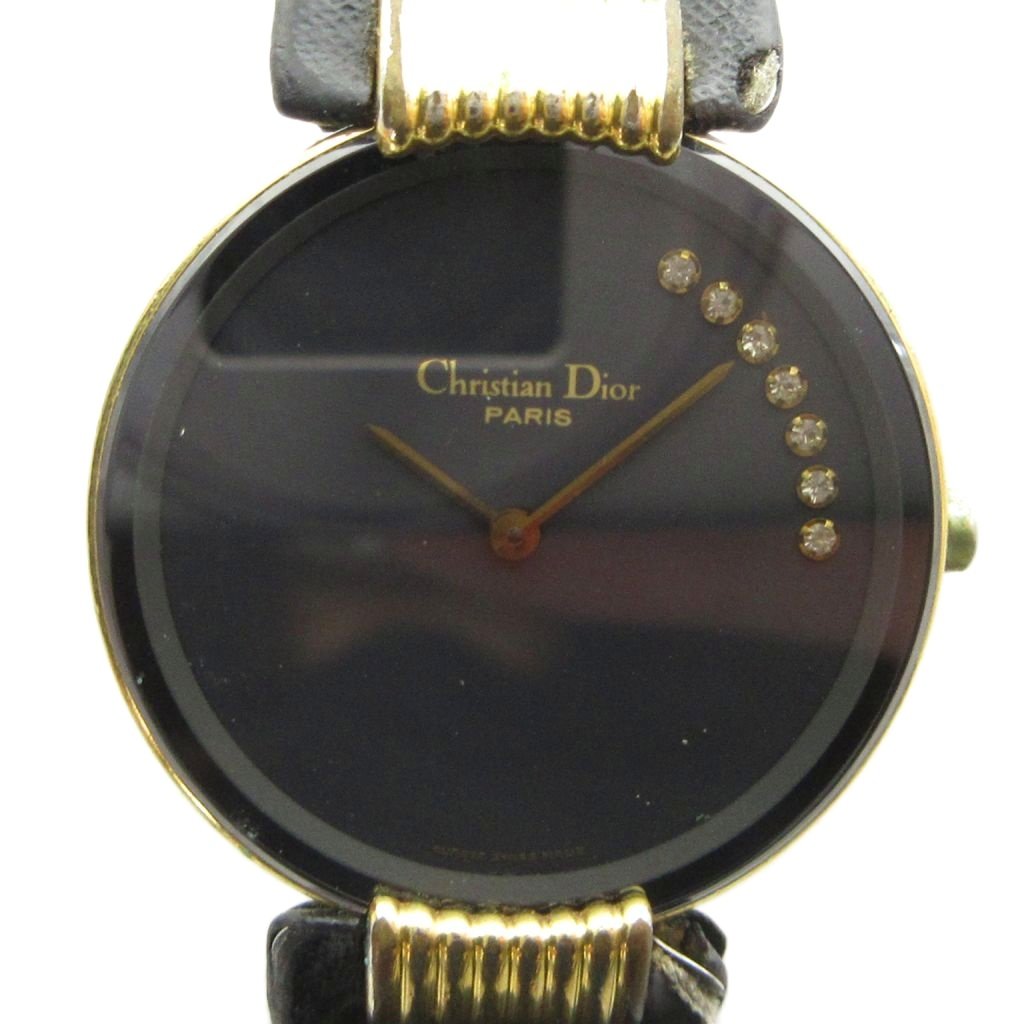 【中古】クリスチャンディオール Christian Dior ジャンク品 46 153-3 腕時計 クォーツ ウォッチ レザーベルト 黒文字盤 ゴールド色 ■GY18 /MQ ■OH レディース 【ベクトル 古着】 260704