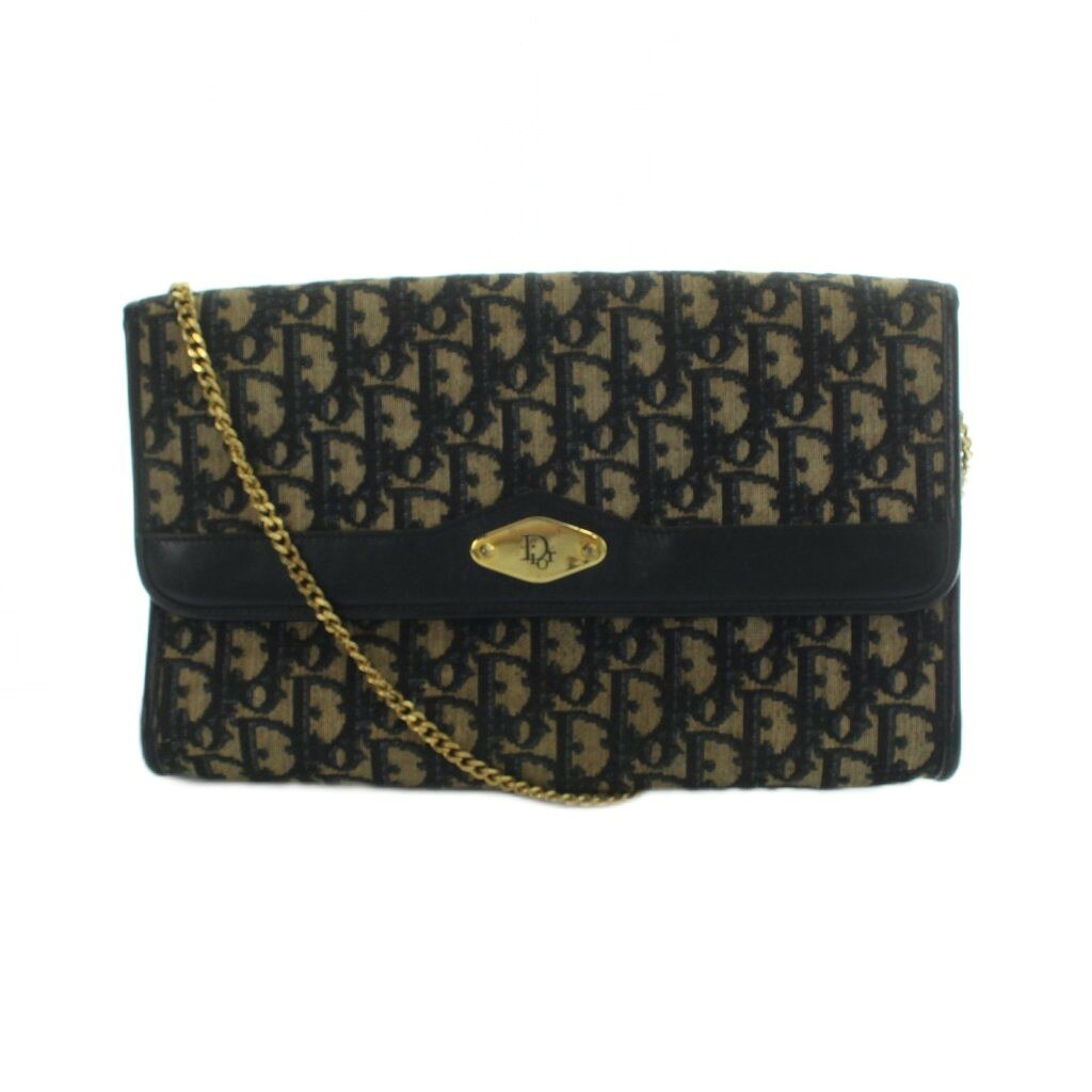 【中古】クリスチャンディオール Christian Dior ヴィンテージ トロッター チェーン ショルダーバッグ ゴールド金具 キャンバス レザー 紺 ネイビー ベージュ ■GY05 /MQ ■OH レディース 【ベクトル 古着】 260617