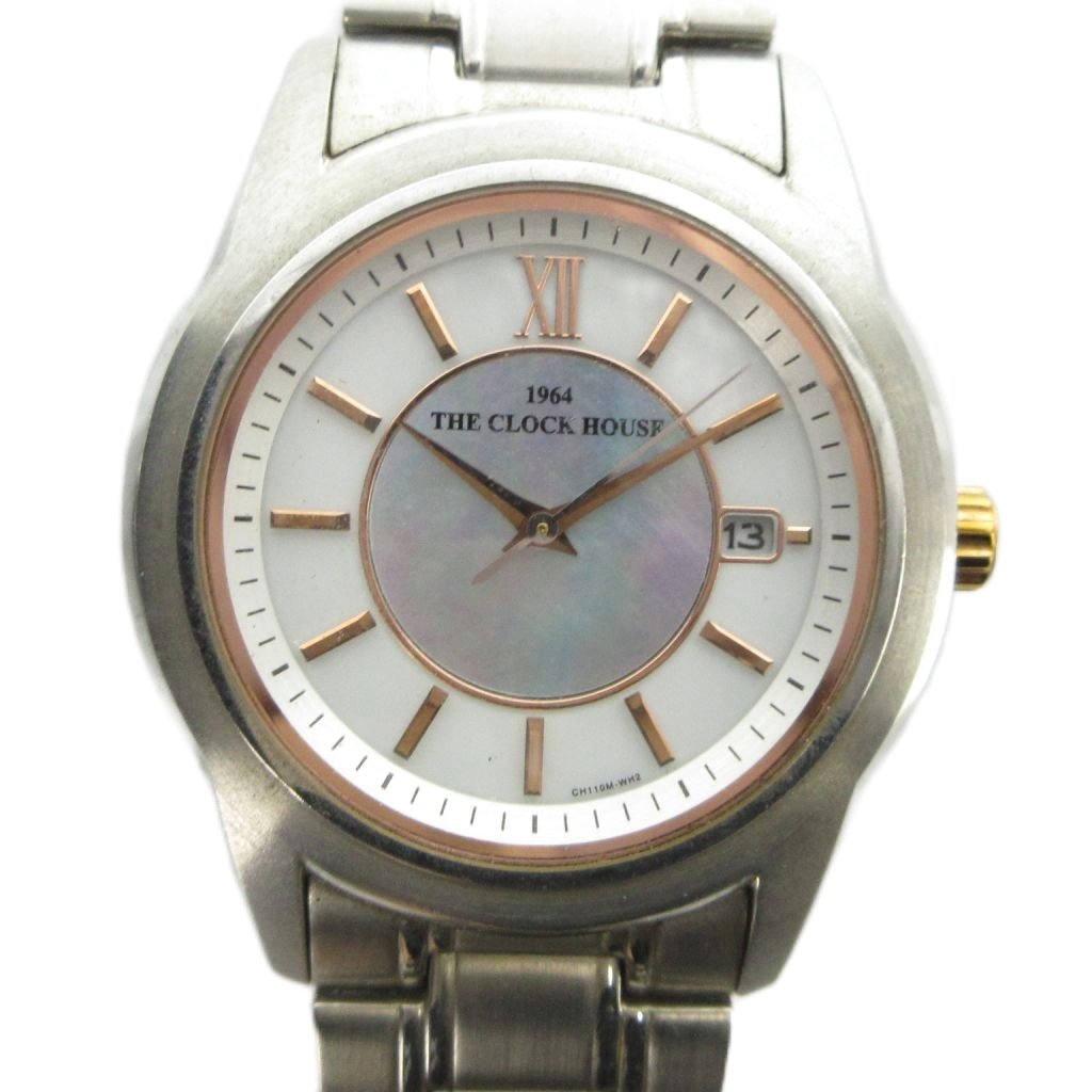 【中古】THE CLOCK HOUSE CH110M 腕時計 ソーラー ウォッチ シェル文字盤 カレンダー付き シルバー色 ■GY18 /MQ メンズ 【ベクトル 古着】 260630表記サイズ実寸サイズをご参考ください。実寸サイズバンド幅：約1.7cm　腕周り：約19cm　ケース・タテ：約36mm　ケース・ヨコ（リューズは除く）：約36mm　　素材ステンレススチール色シルバー色状態ケース、ベルトに傷がございますが、その他に目立ったダメージはなく、問題なくご使用いただける商品です。 ※あくまでも中古品ですので掲載写真や記載内容をご確認いただき、ご理解の上ご購入ください。備考型番 CH110M 2026/6/30動作確認済 OH期不明 ※暗所で保管しているため、保管期間中に動作が停止している場合がございます。その場合、ご購入後にお客様ご自身で充電および時刻合わせを行っていただく必要がございますので、予めご了承ください。商品のお問い合わせの回答を休止しております。＊各商品ページの商品詳細等をご確認の上ご購入ください。【中古】THE CLOCK HOUSE CH110M 腕時計 ソーラー ウォッチ シェル文字盤 カレンダー付き シルバー色 ■GY18 /MQ メンズ 【ベクトル 古着】 260630状態ランク　”AB”詳細については、下記および「状態ランクについて」ページをご覧ください。未使用・新品の商品ほぼ新品同様の商品使用感が少なく、かなり状態の良い商品使用感はあるが、傷や汚れの少ない商品使用感の他、傷や汚れが見られる商品かなり大きな傷みがある難あり商品※S〜CランクはUSED品となりますので、使用感をご理解の上でご入札下さい。状態ランクについてinformation表記サイズ実寸サイズをご参考ください。実寸サイズバンド幅：約1.7cm　腕周り：約19cm　ケース・タテ：約36mm　ケース・ヨコ（リューズは除く）：約36mm　　素材ステンレススチール色シルバー色状態ケース、ベルトに傷がございますが、その他に目立ったダメージはなく、問題なくご使用いただける商品です。 ※あくまでも中古品ですので掲載写真や記載内容をご確認いただき、ご理解の上ご購入ください。備考型番 CH110M 2026/6/30動作確認済 OH期不明 ※暗所で保管しているため、保管期間中に動作が停止している場合がございます。その場合、ご購入後にお客様ご自身で充電および時刻合わせを行っていただく必要がございますので、予めご了承ください。商品のお問い合わせの回答を休止しております。＊各商品ページの商品詳細等をご確認の上ご購入ください。本商品は一点物です他サイトや店舗にて販売している商品です。多少のお時間差にて欠品になることもございます。予めご了承頂ますようお願い致します。ベクトル・サイズガイドはこちらこの商品と同じブランドの商品を見る