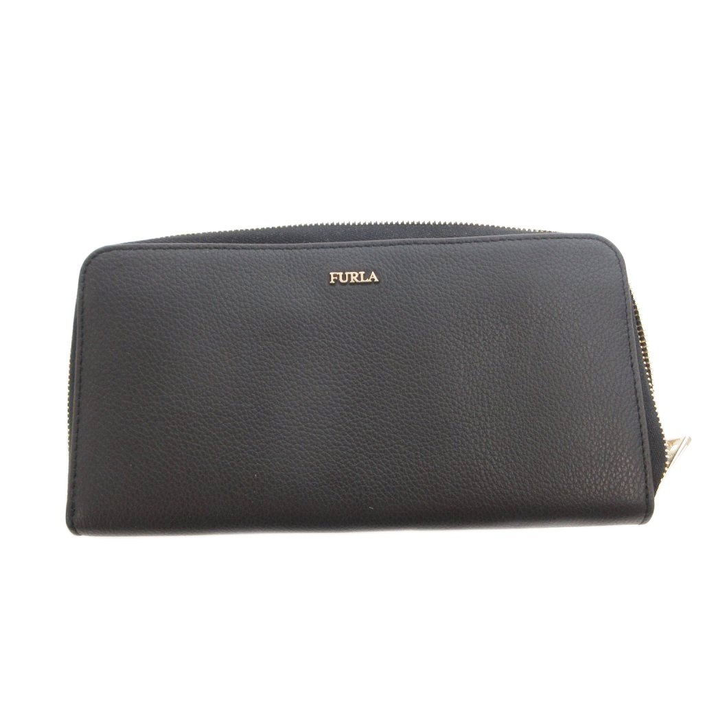 【中古】フルラ FURLA 長財布 ウォレット ラウンドファスナー ロゴ レザー 黒 ブラ...