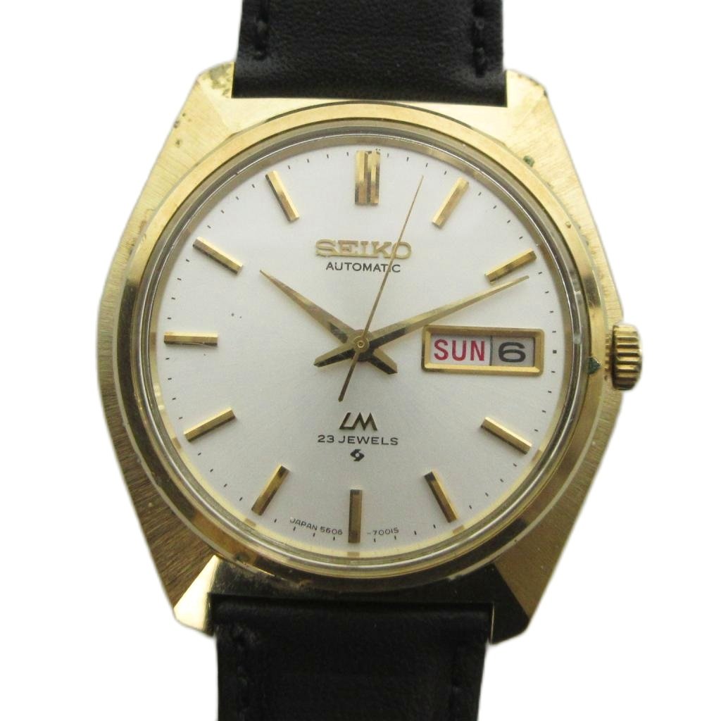 【中古】セイコー SEIKO LM ロードマチック 5606-7000 腕時計 ウォッチ 手巻き 23石 レザーベルト デイデイト カレンダー付き ゴールドカラー 金色 ■GY18 /MQ メンズ 【ベクトル 古着】 260707