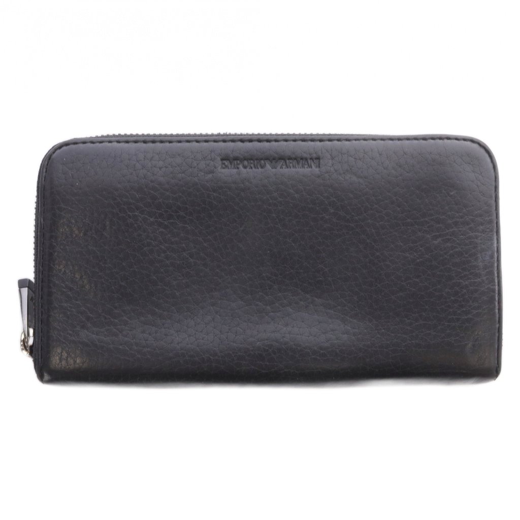 【中古】エンポリオアルマーニ EMPORIO ARMANI 長財布 小銭入れあり ラウンドファスナー レザー ロゴ型押し 黒 ブラック /SR ■GY メンズ 【ベクトル 古着】 260723
