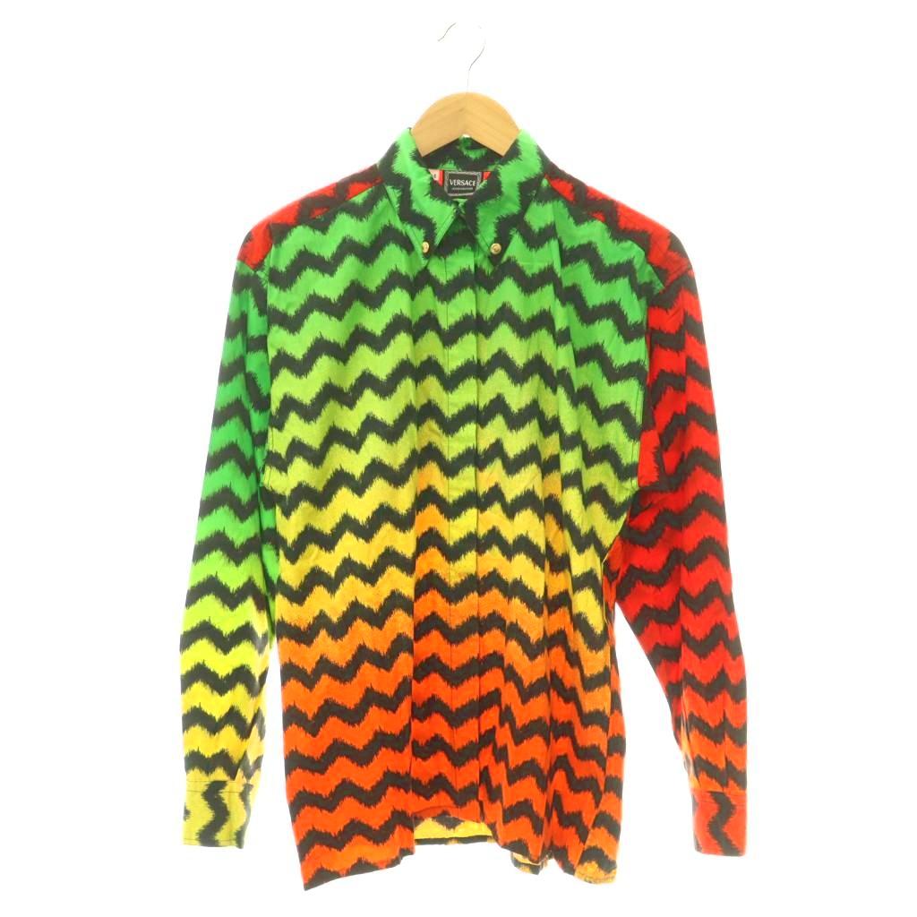 ヴェルサーチジーンズ VERSACE JEANS COUTURE シャツ ブラウス 長袖 ボタンダウン サンバーン 比翼 サイケ柄 M グリーン レッド マルチカラー /ES レディース  260721