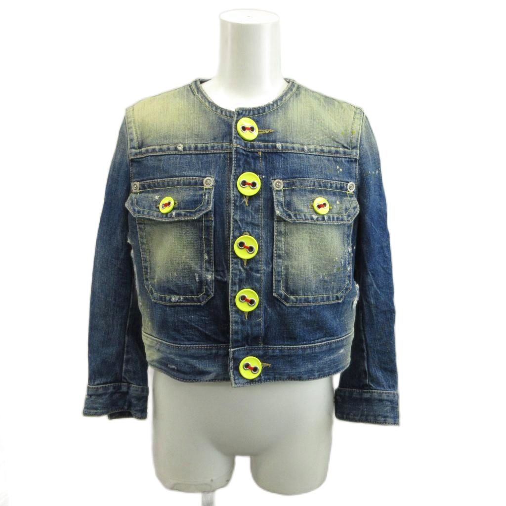 【中古】ディースクエアード DSQUARED2 ノーカラーデニムジャケット Gジャン 上着 38 青 インディゴブルー 長袖 ウォッシュ加工 ダメージ加工 ジーンズ生地 ブルゾン /YU ■GY11 レディース 【ベクトル 古着】 260721