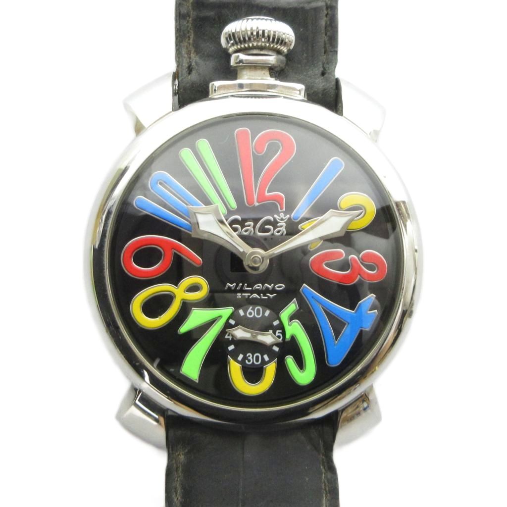 【中古】ガガミラノ GaGa MILANO Manuale マヌアーレ 腕時計 ウォッチ 手巻き 黒文字盤 レザーベルト シルバー色 ■GY18 /MQ メンズ 【ベクトル 古着】 260726