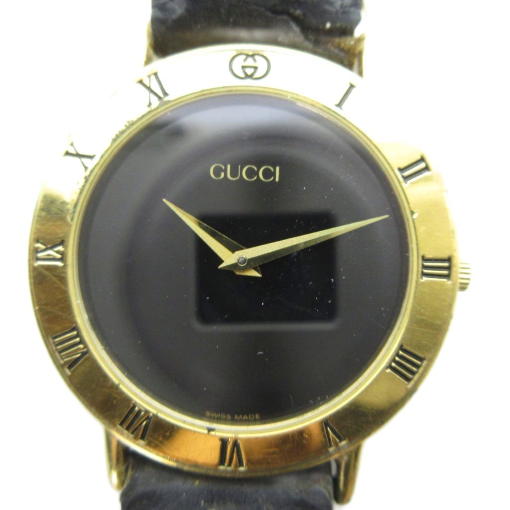 【中古】グッチ GUCCI 3000.2.M 腕時計 ウォッチ クォーツ レザーベルト 黒文字盤 ゴールド色 ■GY18 /MQ ■OH メンズ 【ベクトル 古着】 260902