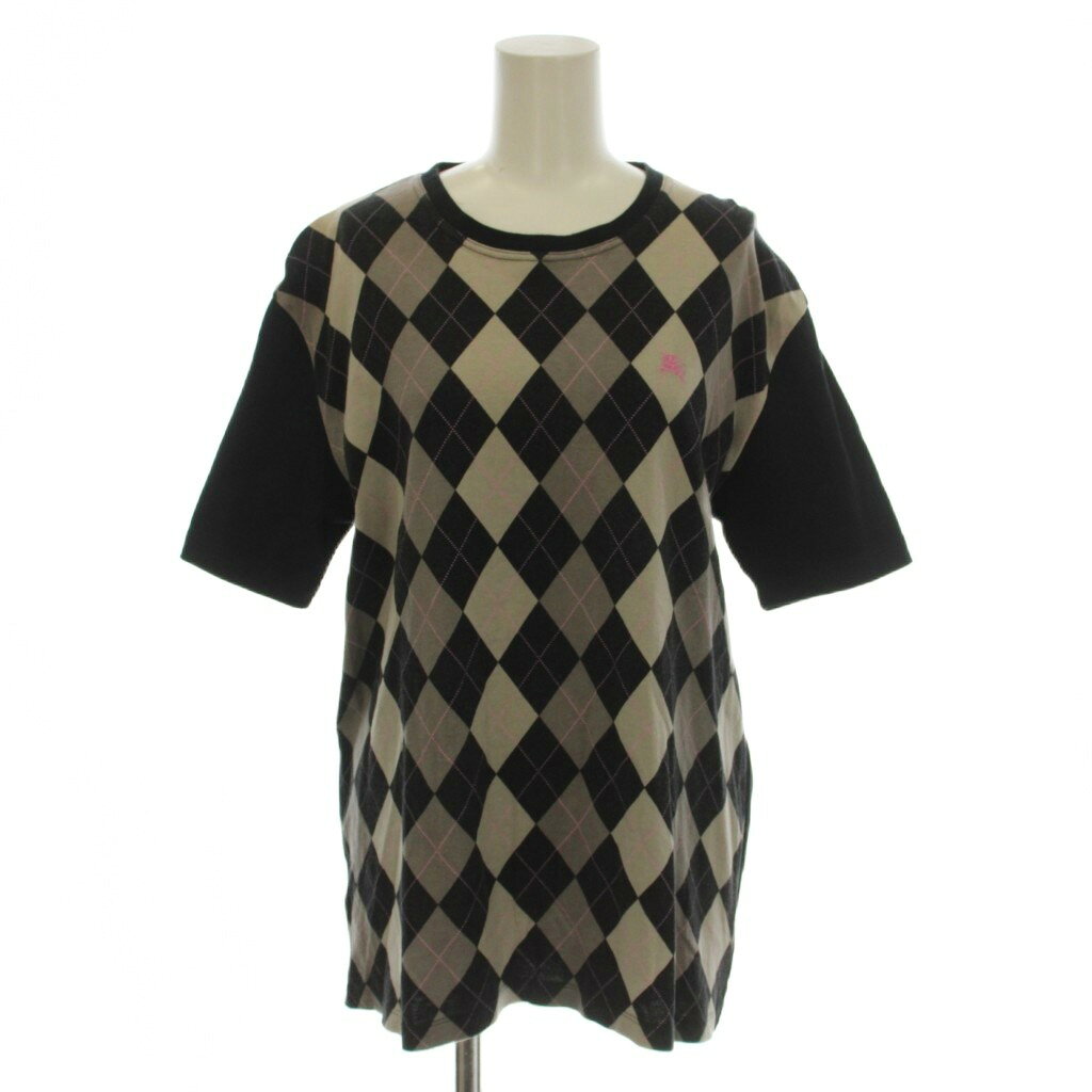 【中古】バーバリーブラックレーベル BURBERRY BLACK LABEL Tシャツ 3 黒 ブラック ベージュ ピンク アーガイル柄 半袖 ロゴ BMV01-835-09 /LP ■GY17 レディース 【ベクトル 古着】 260817