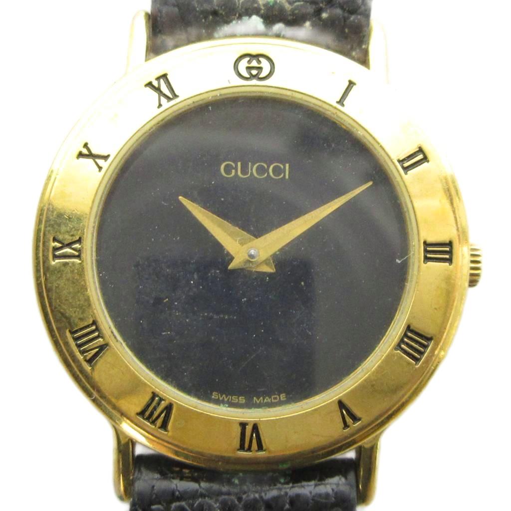 【中古】グッチ GUCCI ジャンク品 3000.2.L 腕時計 ウォッチ クォーツ レザーベルト 黒文字盤 ロゴ ゴールド色 ■GY18 /MQ レディース 【ベクトル 古着】 260813