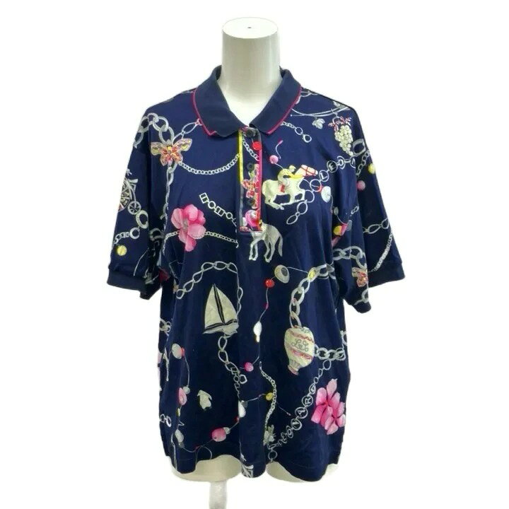 【中古】レオナールスポーツ LEONARD SPORT ポロシャツ L 紺 ネイビー チェーン総柄 半袖 /NP ■GY19 レディース 【ベクトル 古着】 260817