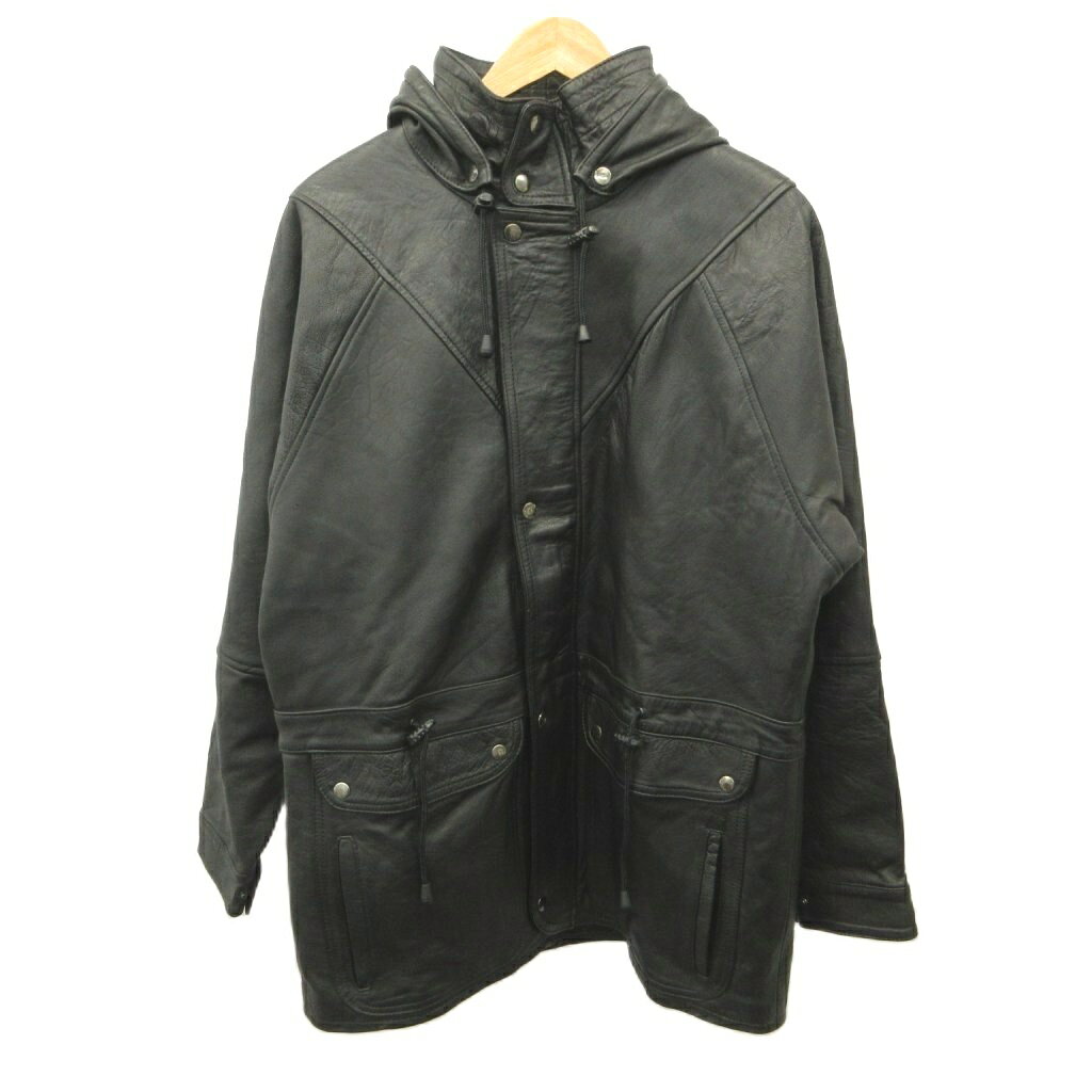 【中古】PRAX LEATHER COLLECTION レザー ジャケット パーカー 上着 牛革 本革 フード 黒 ブラック /KK ■GY18 メンズ 【ベクトル 古着】 261003