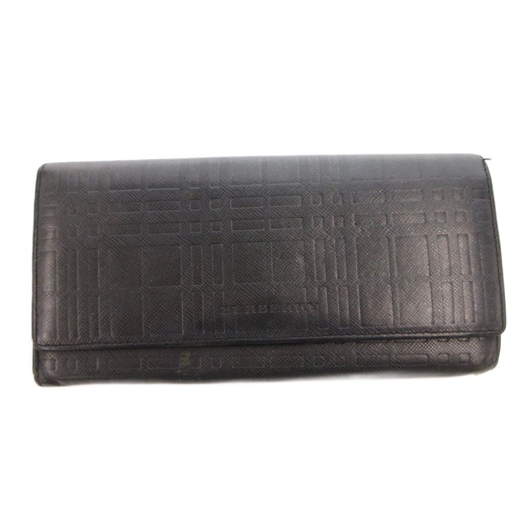 【中古】バーバリー BURBERRY 長財布 ウォレット フラップ チェック柄 ロゴ 型押し レザー 黒 ブラック /FF メンズ 【ベクトル 古着】 260407