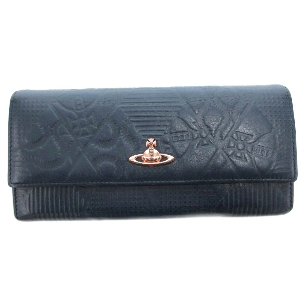【中古】ヴィヴィアンウエストウッド Vivienne Westwood 長財布 ウォレット レザー エンボス オーブ 紺 ネイビー /FF レディース 【ベクトル 古着】 260512