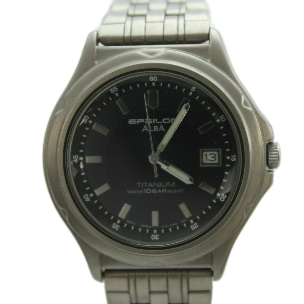 【中古】セイコー SEIKO ALBA アルバ EPSILON イプシロン 腕時計 ウォッチ デイト ソーラー クォーツ カレンダー付き 黒文字盤 シルバーカラー V145-0B70 /BB メンズ 【ベクトル 古着】 260815