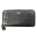 【中古】アニヤハインドマーチ ANYA HINDMARCH 長財布 ロングウォレット レザー ラウンドファスナー リボン タッセル 装飾 クロコ型押し 黒 ブラ...