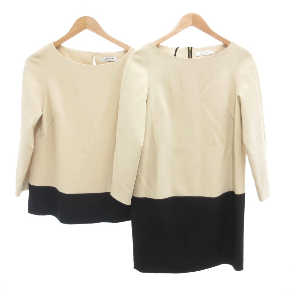 【中古】アドーア ADORE 2点セット チュニック ブラウス カットソー バイカラー 38 ベージュ 黒 ブラック /JS ■GY12 レディース 【ベクトル 古着】 260311ブランドアドーア ADORE表記サイズ38実寸サイズ身幅：48cm　着丈：62cm　ゆき丈：74cm　ワンピース　身幅 48cm　ゆき丈 73cm　総丈 84cm　素材2点ともに 表地 ポリエステル 裏地 ポリエステル色ベージュ 黒 ブラック仕様裏地あり状態・ブラウス両脇にごく薄い、黄色シミあり ※全体的に中古品としての使用感とダメージがありますが、通常使用には支障のない商品です。 掲載写真や記載内容をご確認いただき、ご理解の上ご購入ください。付属品なし備考531-210202 531-240208 (株)サンエー・インターナショナル こちらのお品物は店舗で保管しておらず、店頭販売出来かねます。（※お取り寄せも出来かねます）商品のお問い合わせの回答を休止しております。＊各商品ページの商品詳細等をご確認の上ご購入ください。【中古】アドーア ADORE 2点セット チュニック ブラウス カットソー バイカラー 38 ベージュ 黒 ブラック /JS ■GY12 レディース 【ベクトル 古着】 260311状態ランク　”B”詳細については、下記および「状態ランクについて」ページをご覧ください。未使用・新品の商品ほぼ新品同様の商品使用感が少なく、かなり状態の良い商品使用感はあるが、傷や汚れの少ない商品使用感の他、傷や汚れが見られる商品かなり大きな傷みがある難あり商品※S〜CランクはUSED品となりますので、使用感をご理解の上でご入札下さい。状態ランクについてinformationブランドアドーア ADORE表記サイズ38実寸サイズ身幅：48cm　着丈：62cm　ゆき丈：74cm　ワンピース　身幅 48cm　ゆき丈 73cm　総丈 84cm　素材2点ともに 表地 ポリエステル 裏地 ポリエステル色ベージュ 黒 ブラック仕様裏地あり状態・ブラウス両脇にごく薄い、黄色シミあり ※全体的に中古品としての使用感とダメージがありますが、通常使用には支障のない商品です。 掲載写真や記載内容をご確認いただき、ご理解の上ご購入ください。付属品なし備考531-210202 531-240208 (株)サンエー・インターナショナル こちらのお品物は店舗で保管しておらず、店頭販売出来かねます。（※お取り寄せも出来かねます）商品のお問い合わせの回答を休止しております。＊各商品ページの商品詳細等をご確認の上ご購入ください。本商品は一点物です他サイトや店舗にて販売している商品です。多少のお時間差にて欠品になることもございます。予めご了承頂ますようお願い致します。ベクトル・サイズガイドはこちらこの商品と同じブランドの商品を見る