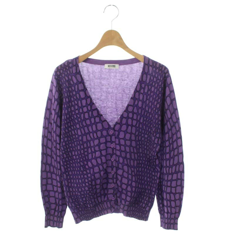 【中古】ミッソーニ MISSONI ニットカーディガン 長袖 総柄 Vネック I42 紫 パープル 黒 ブラック /DO ■OS レディース 【ベクトル 古着】 230207