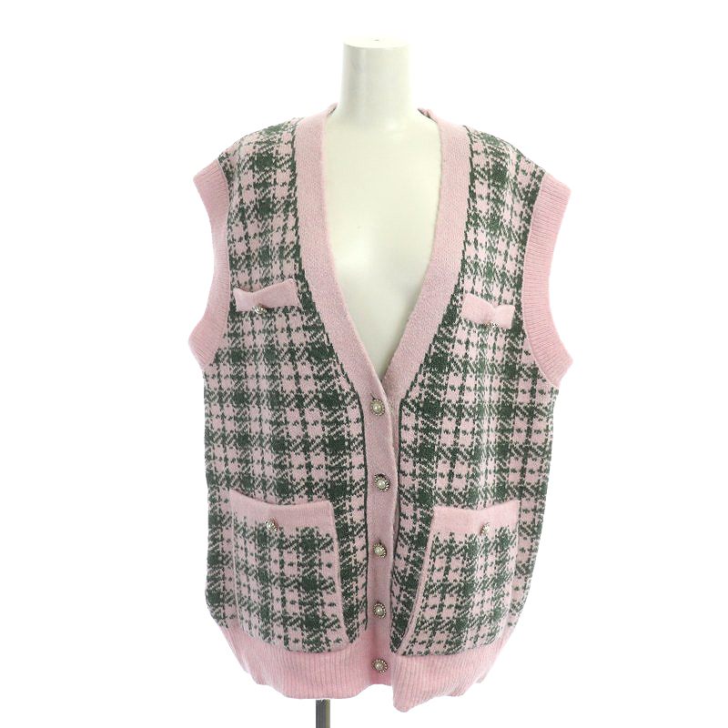 【中古】ザラ ZARA ビジューボタンニットベスト オーバーサイズ M ピンク 緑 グリーン /HK ■OS レディース 【ベクトル 古着】 231214