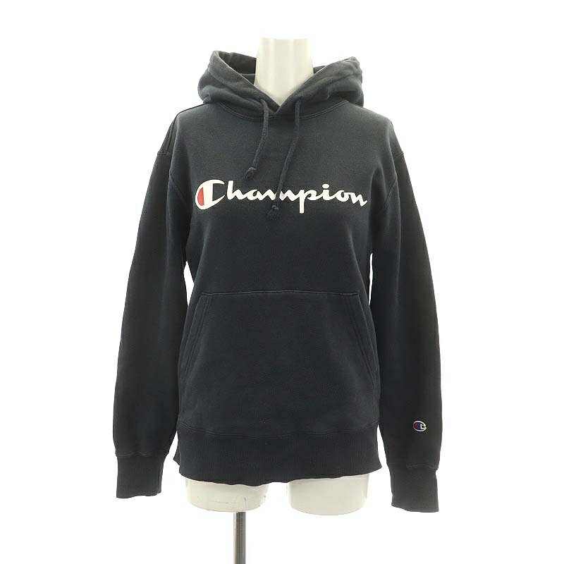 【中古】チャンピオン CHAMPION ロゴプリントフード付きプルオーバー パーカー スウェット 長袖 裏パイル S 紺 ネイビー /ES ■OS レディース 【ベクトル 古着】 240305