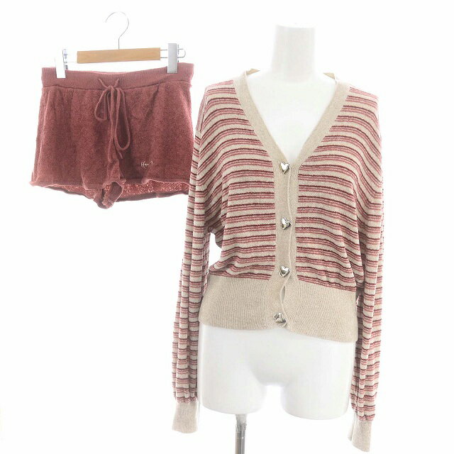 【中古】ハーリップトゥ Herlipto セットアップ 上下 Be mine-Room wear Set ルームウェア ニット ボーダー クロップドカーディガン 長袖 Vネック ショートパンツ イージー ロゴ刺繍 S グレージュ 赤 ピンクブラウン /DO ■OS レディース 【ベクトル 古着】 240327
