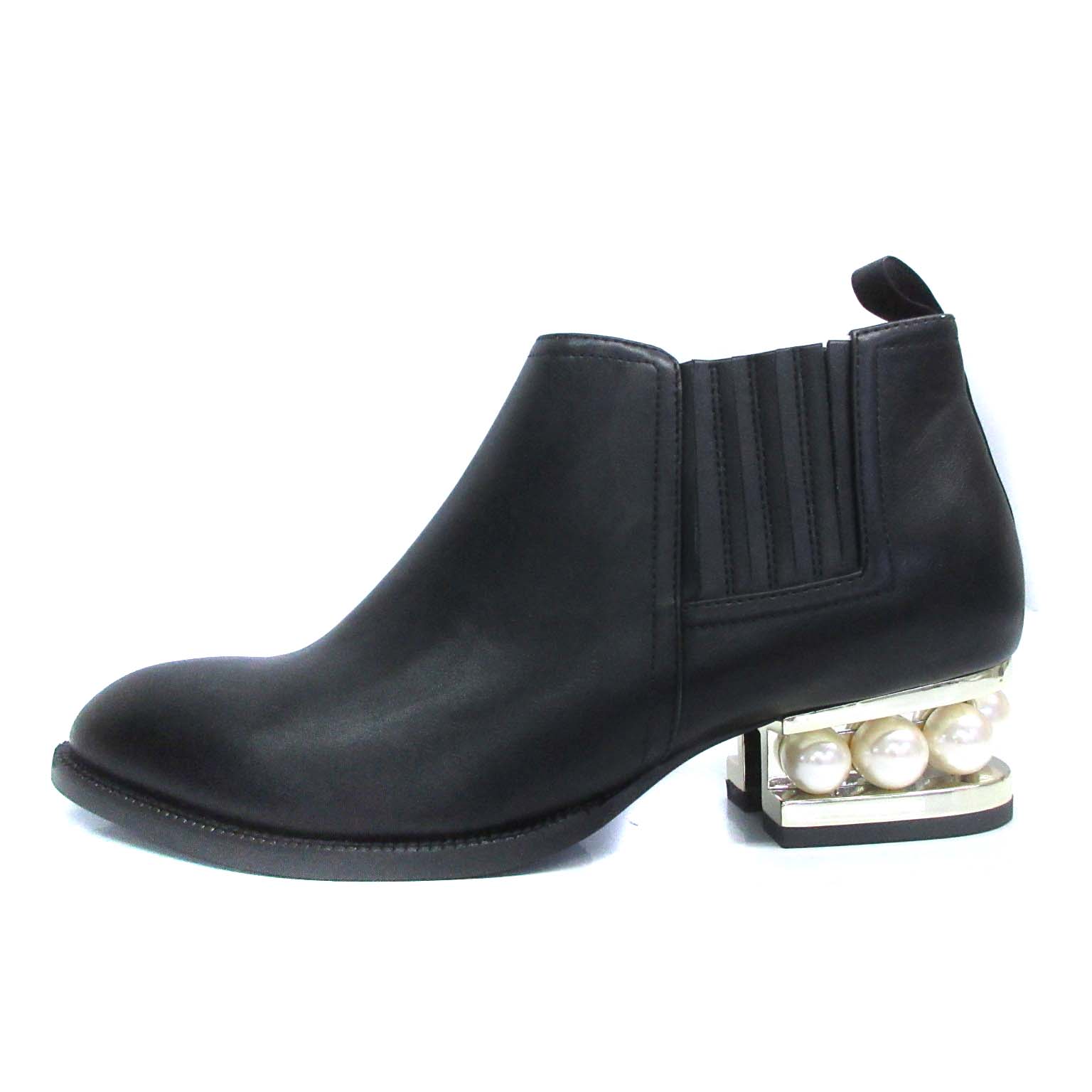 【中古】ジェフリーキャンベル Jeffrey Campbell パールヒールブーツ サイドゴアブーツ ショート デザインヒール チャンキーヒール フェイクレザー 37 23.5cm 黒 ブラック /YO5 レディース 【ベクトル 古着】 240425