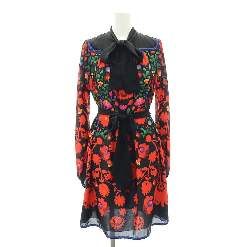 【中古】ディースクエアード DSQUARED2 22SS BOW MINI Dress ミニワンピース 花柄 長袖 2 黒 赤 緑 /HK ■OS ■SH レディース 【ベクトル 古着】 240508