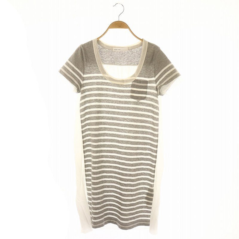【中古】サカイラック sacai luck 切替デザインボーダー柄ワンピース 膝丈 半袖 1 グレー 白 ホワイト /ES ■OS レディース 【ベクトル 古着】 241122