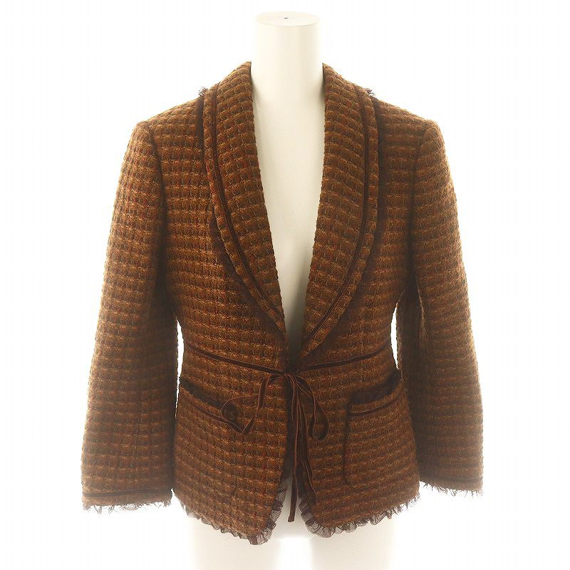 【中古】ダナキャランニューヨーク DKNY フリル ツイード ジャケット アウター 4 ウール 茶 ブラウン /NR ■OS レディース 【ベクトル 古着】 241203