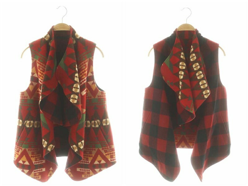 【中古】オープニングセレモニー OPENING CEREMONY ウールリバーシブルベスト 総柄 チェック S 赤 黒 マルチカラー /DO ■OS レディース 【ベクトル 古着】 250107
