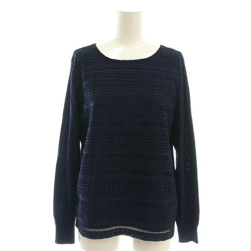 【中古】トランスワーク TRANS WORK ウォッシャブル エンブロイダリーボーダーコンビニット カットソー 長袖 38 紺 ネイビー /AT ■OS レディース 【ベクトル 古着】 250530