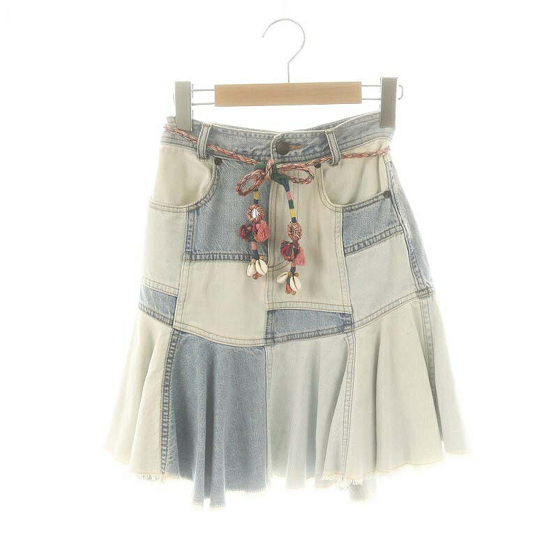 【中古】ジマーマン ZIMMERMANN ベルト付きデニムパッチワークスカート ミニ フレア OP 