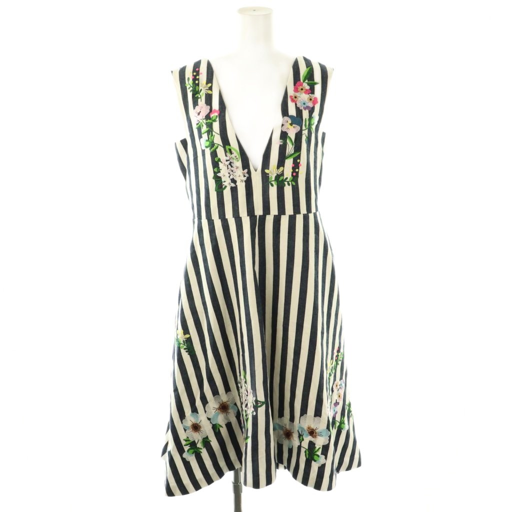 【中古】チェスティ Chesty フラワー刺繍ジャンパースカート ワンピース ひざ丈 0 ネイビー ホワイト /..