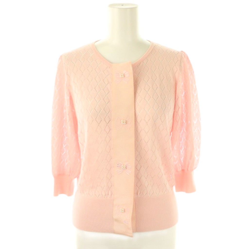 【中古】エムズグレイシー M'S GRACY リボン刺繍ニットカーディガン 五分袖 クルーネック 38 ピンク /AT ■OS ■SH レディース 【ベクトル 古着】 250918