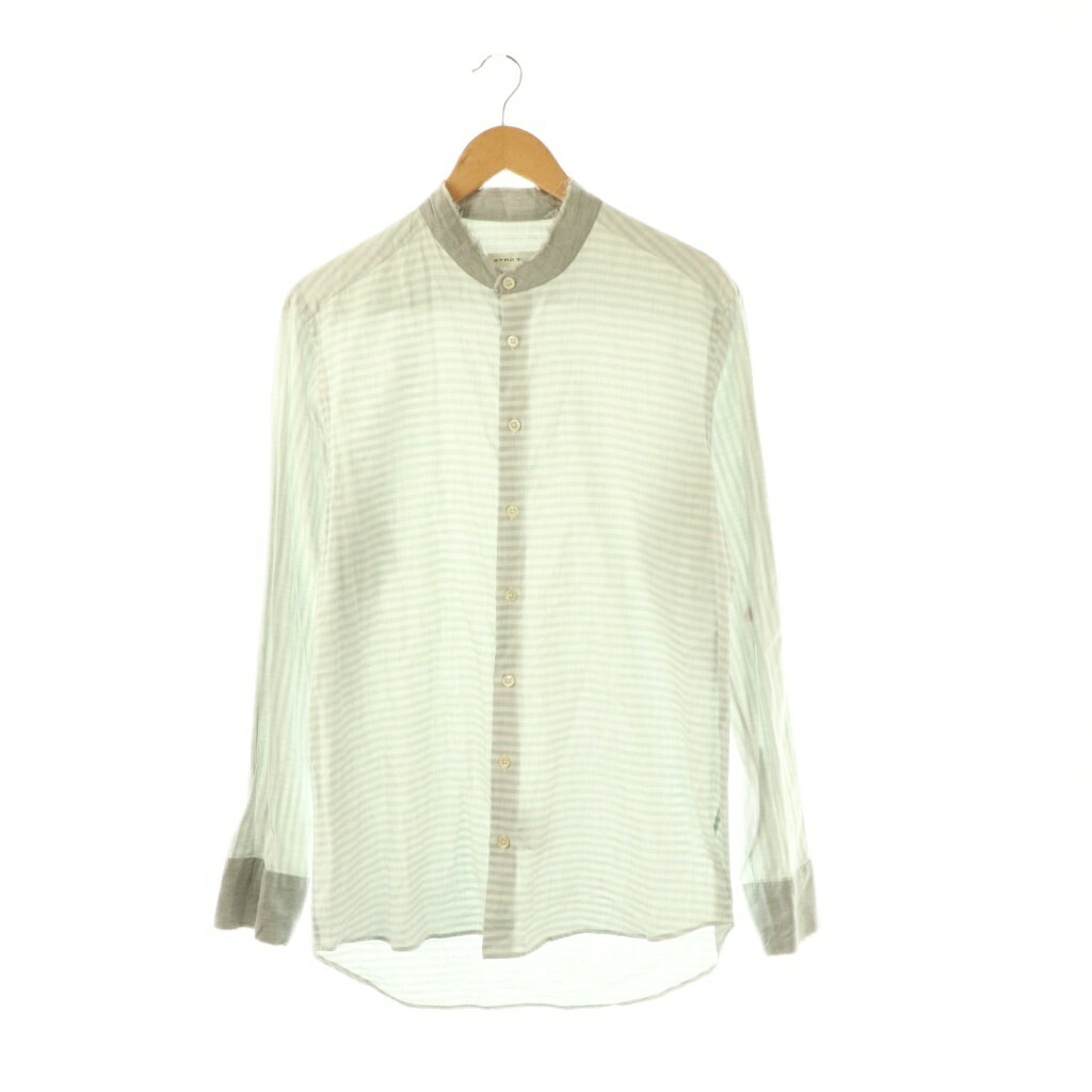 Rakuten - 【中古】エトロ ETRO ボーダー柄ノーカラーシャツ 長袖 グレー オフホワイト /DO ■OS ■SH メンズ 【ベクトル 古着】 260116