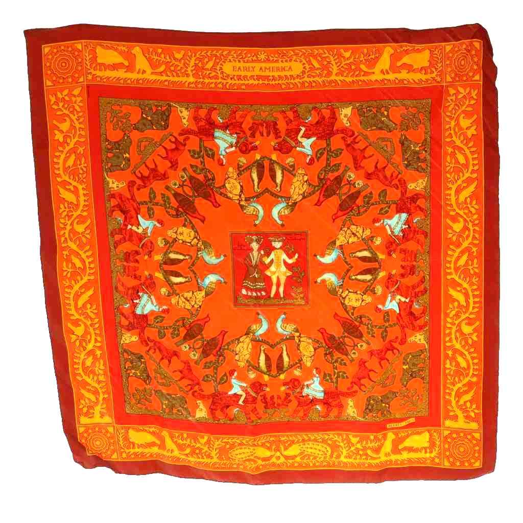【中古】エルメス HERMES 古き良きアメリカ EARLY AMERICA シルク大判ストール マルチカラー オレンジ ボルドー /SS ■OS ■OH レディース 【ベクトル 古着】 260319