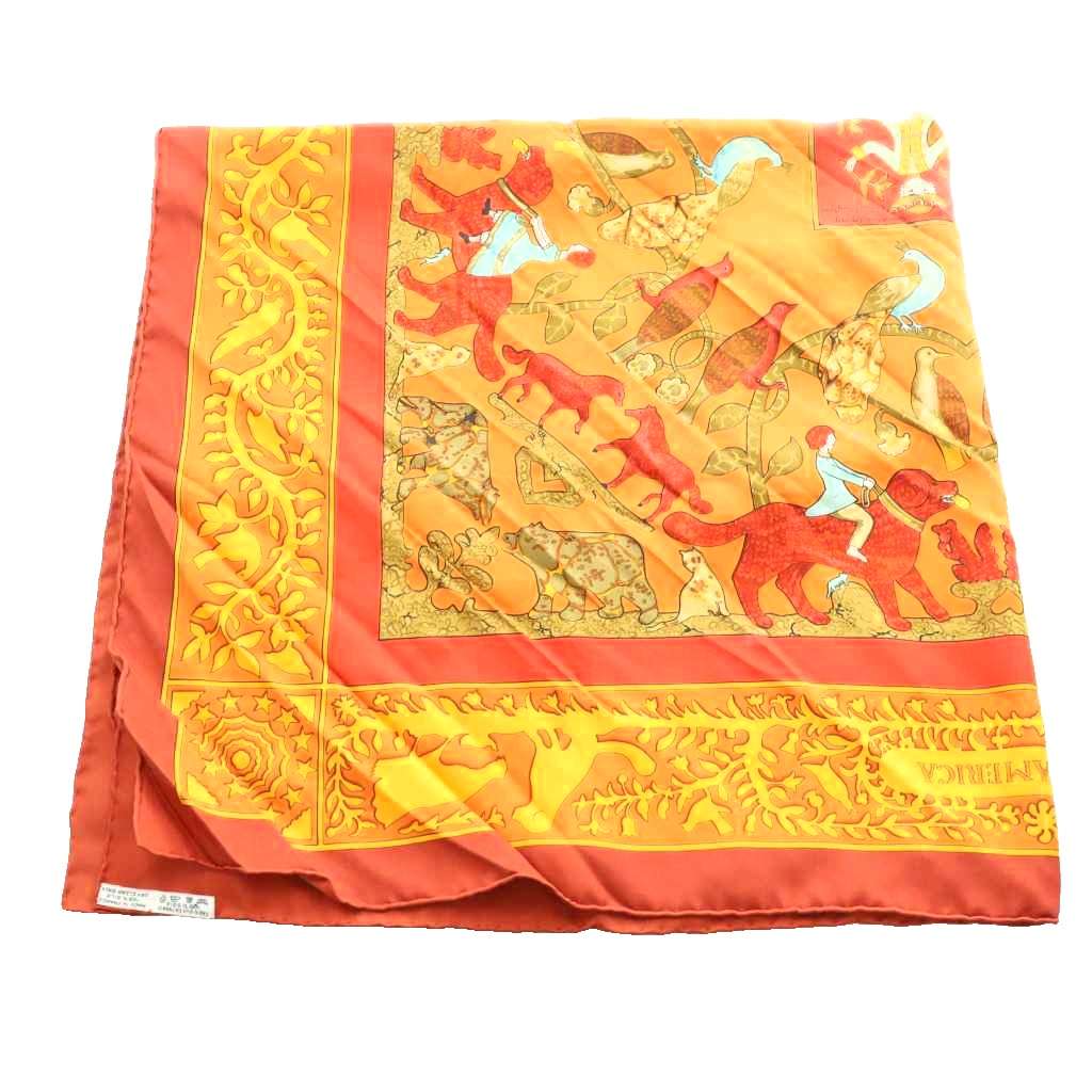 【中古】エルメス HERMES 古き良きアメリカ EARLY AMERICA シルク大判ストール マルチカラー オレンジ ボルドー /SS ■OS ■OH レディース 【ベクトル 古着】 260319 2