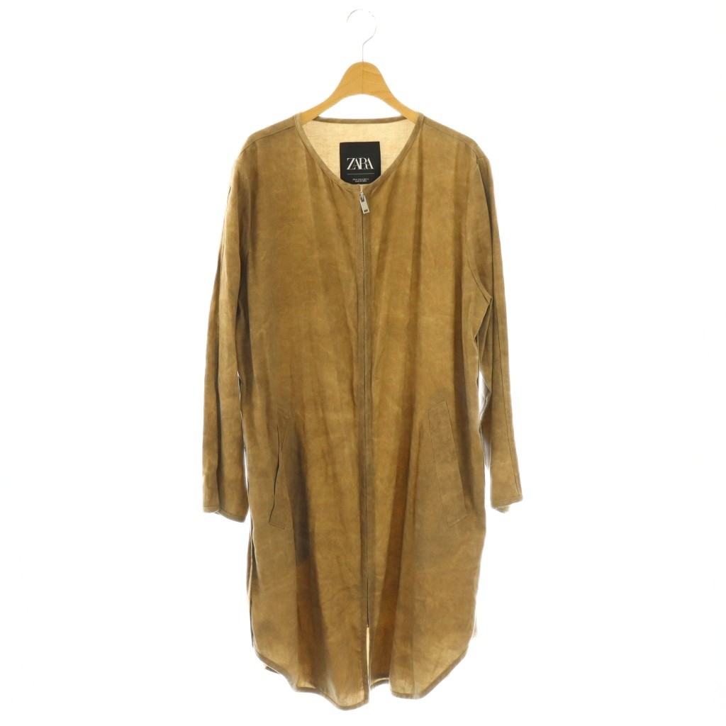 【中古】ザラ ZARA リネン混 ジップアップ ロングジャケット ノーカラー M ベージュ /HK ■OS レディース 【ベクトル 古着】 260416