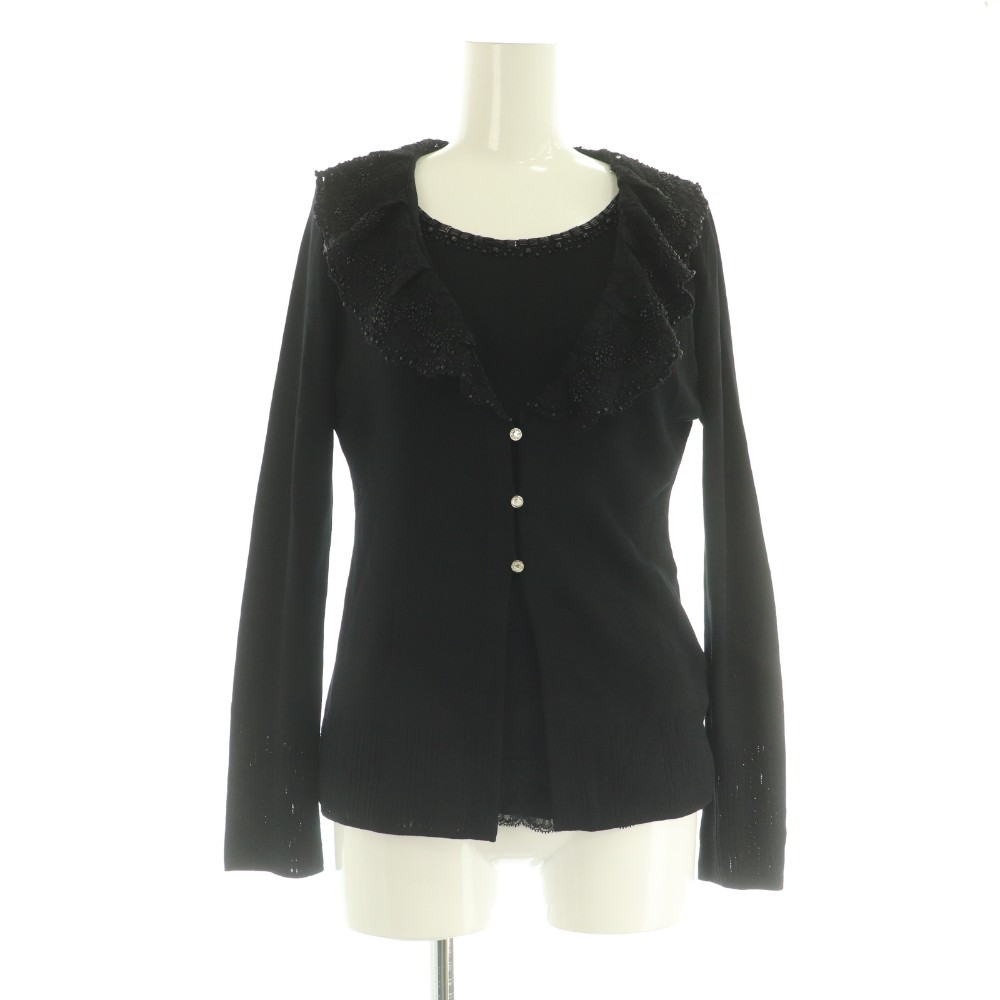 Ensembles - 【中古】クレージュ courreges アンサンブルニット ビジュー カーディガン 五分袖カットソー レース 38 ブラック /MY ■OS レディース 【ベクトル 古着】 260425