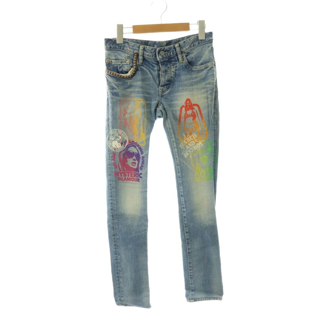 [Used] HYSTERIC GLAMOUR Studded Print Skinny Denim Pants Jeans Slim Button Fly XXS Light Blue /HS ■OS Women's [Vector Used Clothing] 260428