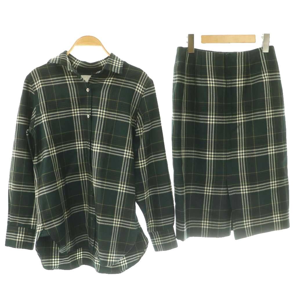 23区 オンワード樫山 ロキャロン タータンチェック クリア LOCHCARRON TARTANCHECK CLEAR チェックシャツ 膝丈タイトスカート セットアップ 36 緑 グリーン 白 ホワイト /SS ■OS レディース  260602