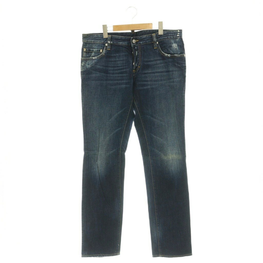 [Used] Dsquared2 Leather Patch Denim Jeans, Straight Leg, Button Fly, Distressed Finish, Size 52, Indigo Blue /DO ■OS Men's [Vector Used Clothing] 260619