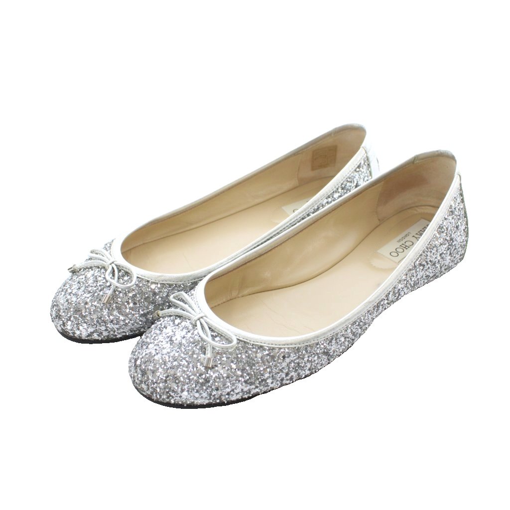 ジミーチュウ JIMMY CHOO MODELL FLAT フラットシューズ バレエシューズ パンプス 38 25cm シルバーカラー グリッター リボン /RI ■OS ■OH レディース  260613